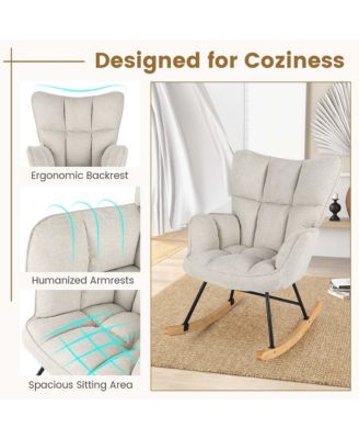 1 Count Linen Fabric Nursery Rocking Chair with High Backrest Padded Armrests & Seat for Nursery Light