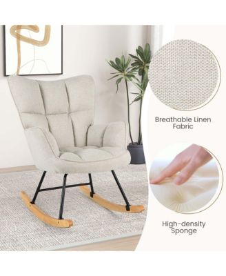 1 Count Linen Fabric Nursery Rocking Chair with High Backrest Padded Armrests & Seat for Nursery Light