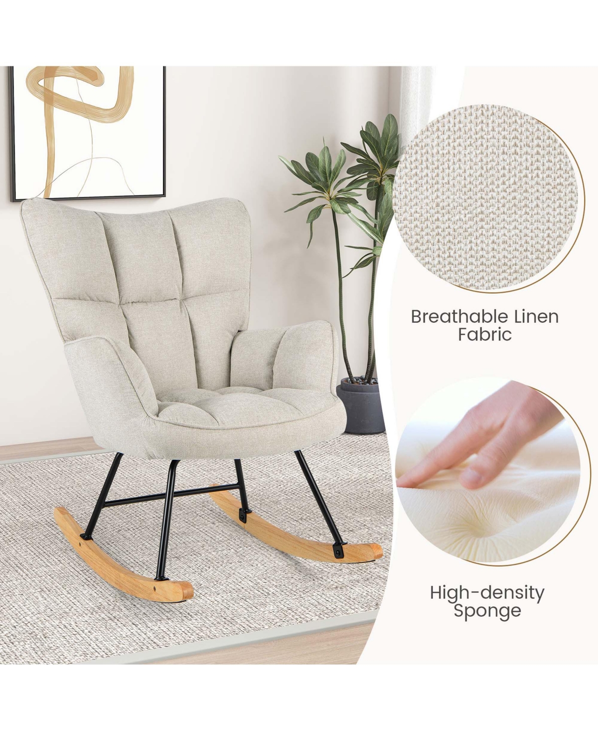 Costway Linen Nursery Rocking Chair with High Backrest Padded Armrests & Seat for Nursery Light