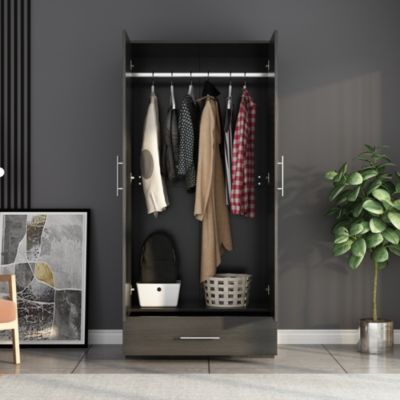 White 2-Door Wardrobe Armoire with 1-Drawers and Hanging Rod