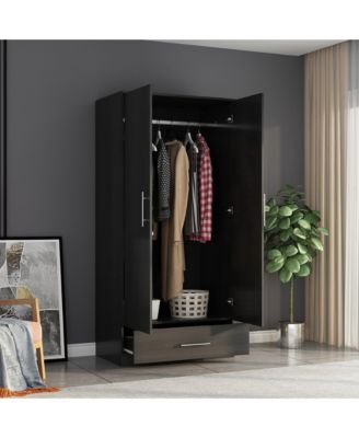 White 2-Door Wardrobe Armoire with 1-Drawers and Hanging Rod