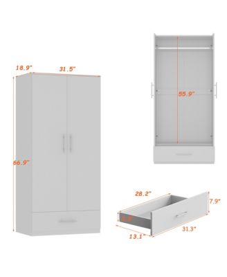 White 2-Door Wardrobe Armoire with 1-Drawers and Hanging Rod