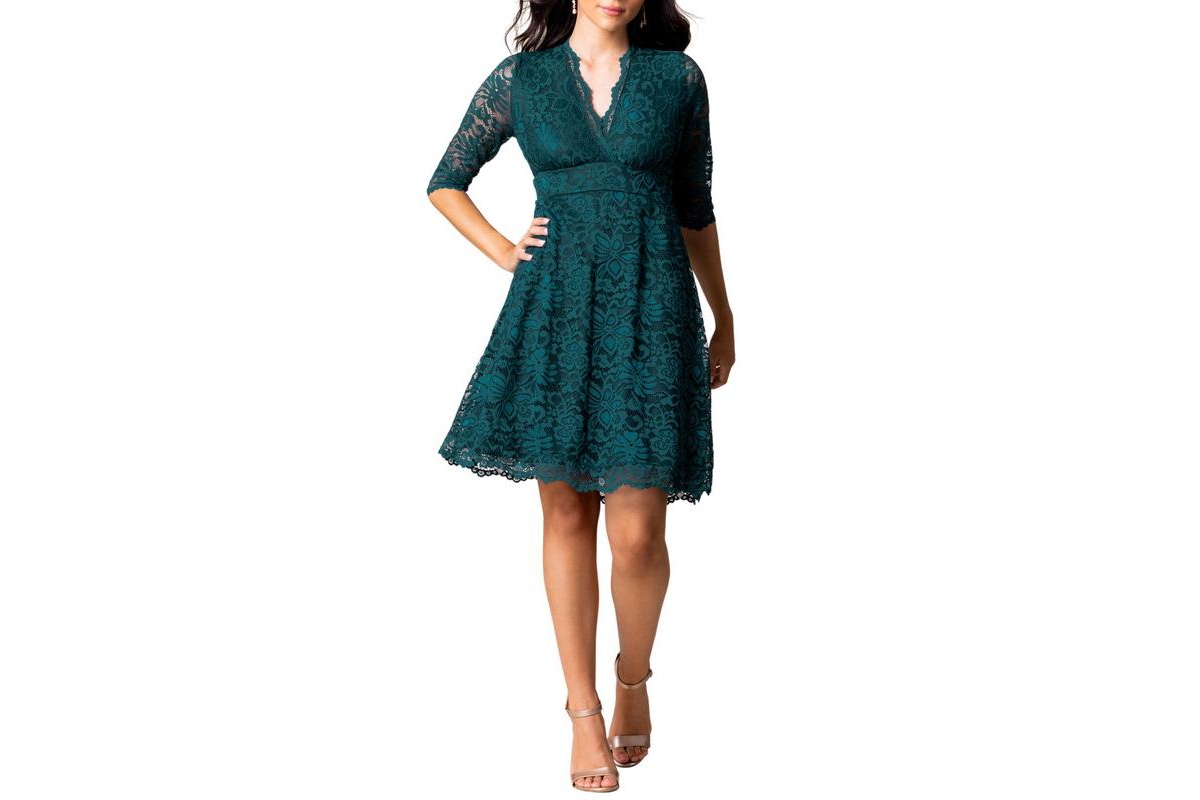 Women's Mademoiselle Lace Cocktail Dress with Sleeves - Emerald green
