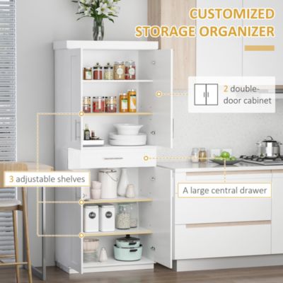Kitchen Pantry with Doors and Drawer, Adjustable Shelves