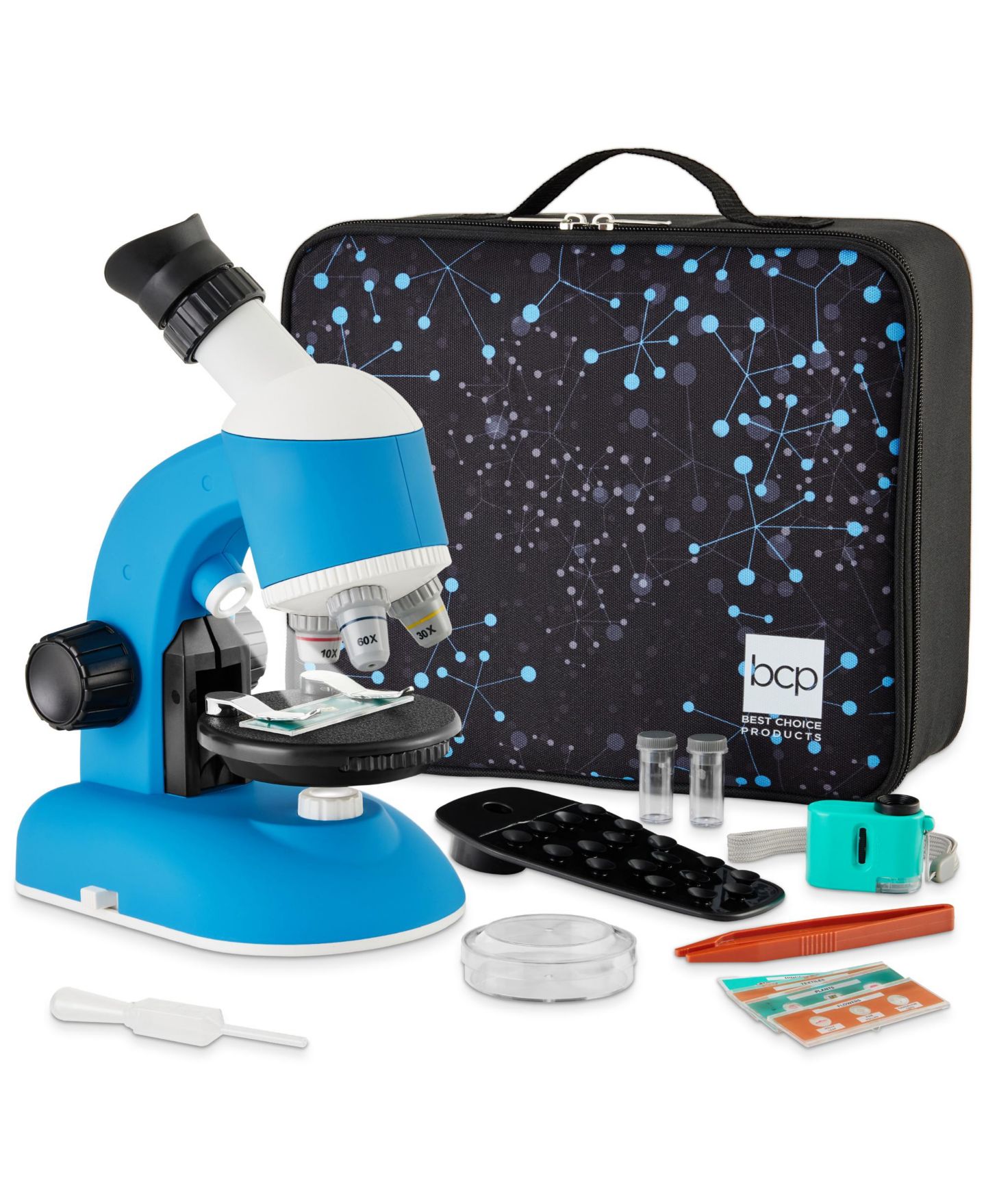 Детские игрушки Best Choice Products Kids Microscope Stem Set 1200x Zoom, 30-Piece Science Kit, Ages 6+, цвет: Синий — фото 1