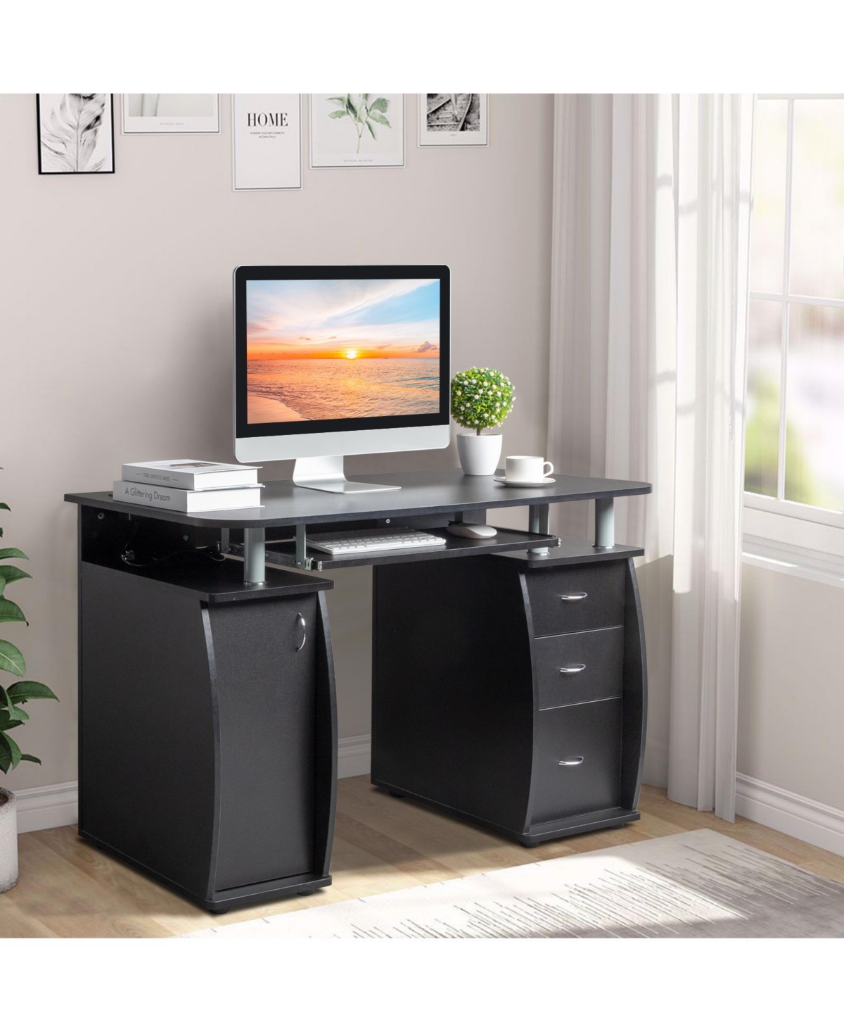Slickblue Portable Computer Desk –Pb Wood, 15mm, with 1 Door and 3 Drawers - Black