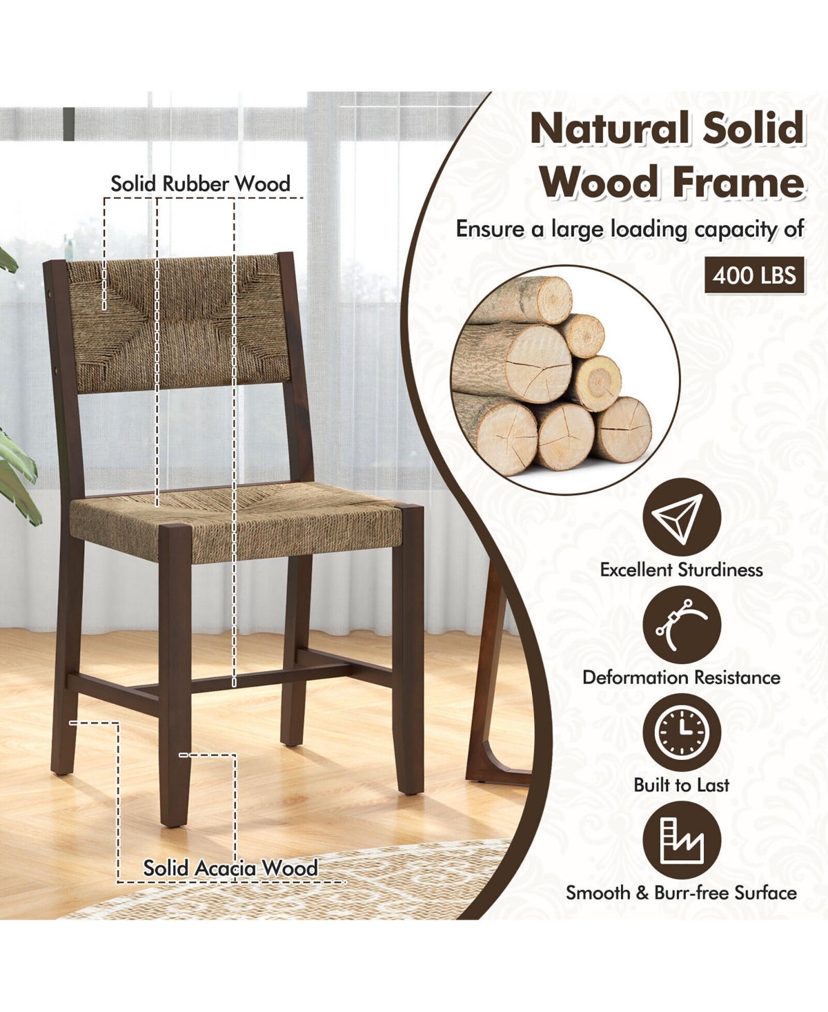 Gymax Wooden Dining Chair Set of 2 w/ Natural Weave Seagrass Rattan Backrest & Seat - Natural + brown