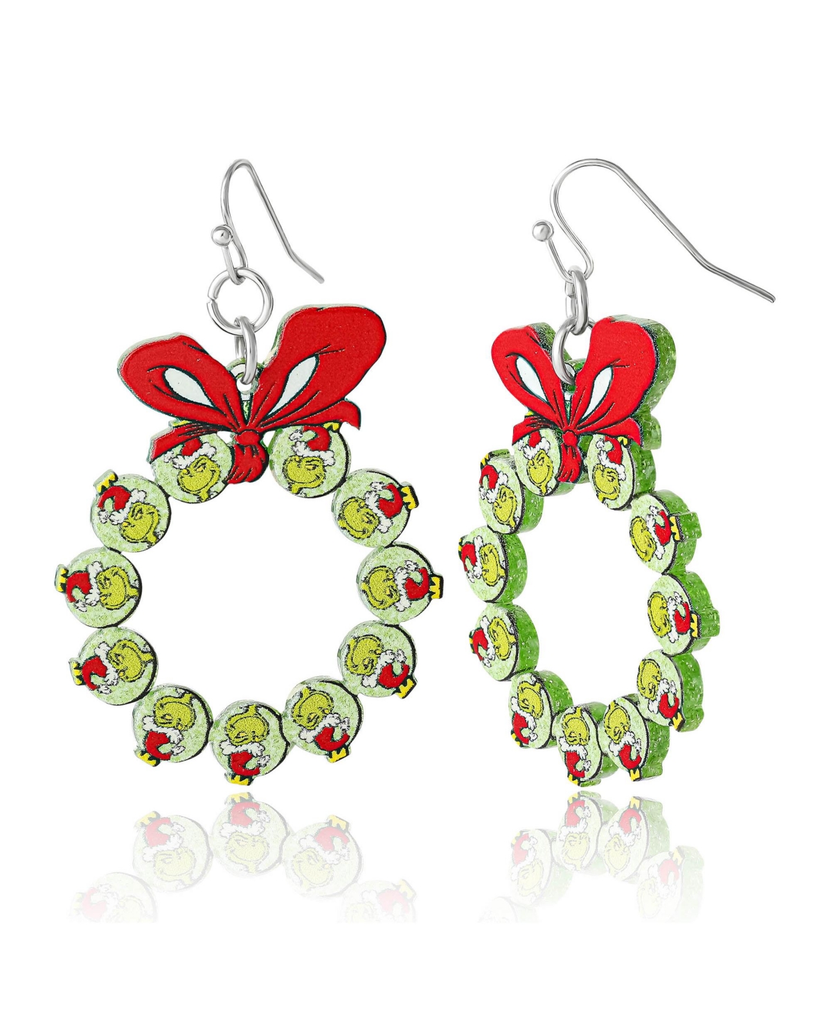 Dr Seuss Grinch Christmas Wreath Dangle Earrings - Green, red