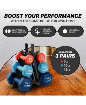 5, 10, and 15 Pound Neoprene Dumbbell Weight Set with Storage Rack
