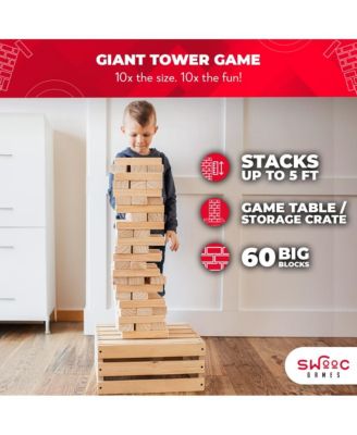 Premium Giant Tower Game w/ Storage Crate / Outdoor Game Table Set |  60 Large Blocks | Jumbo Lawn Games | Big Yard Game