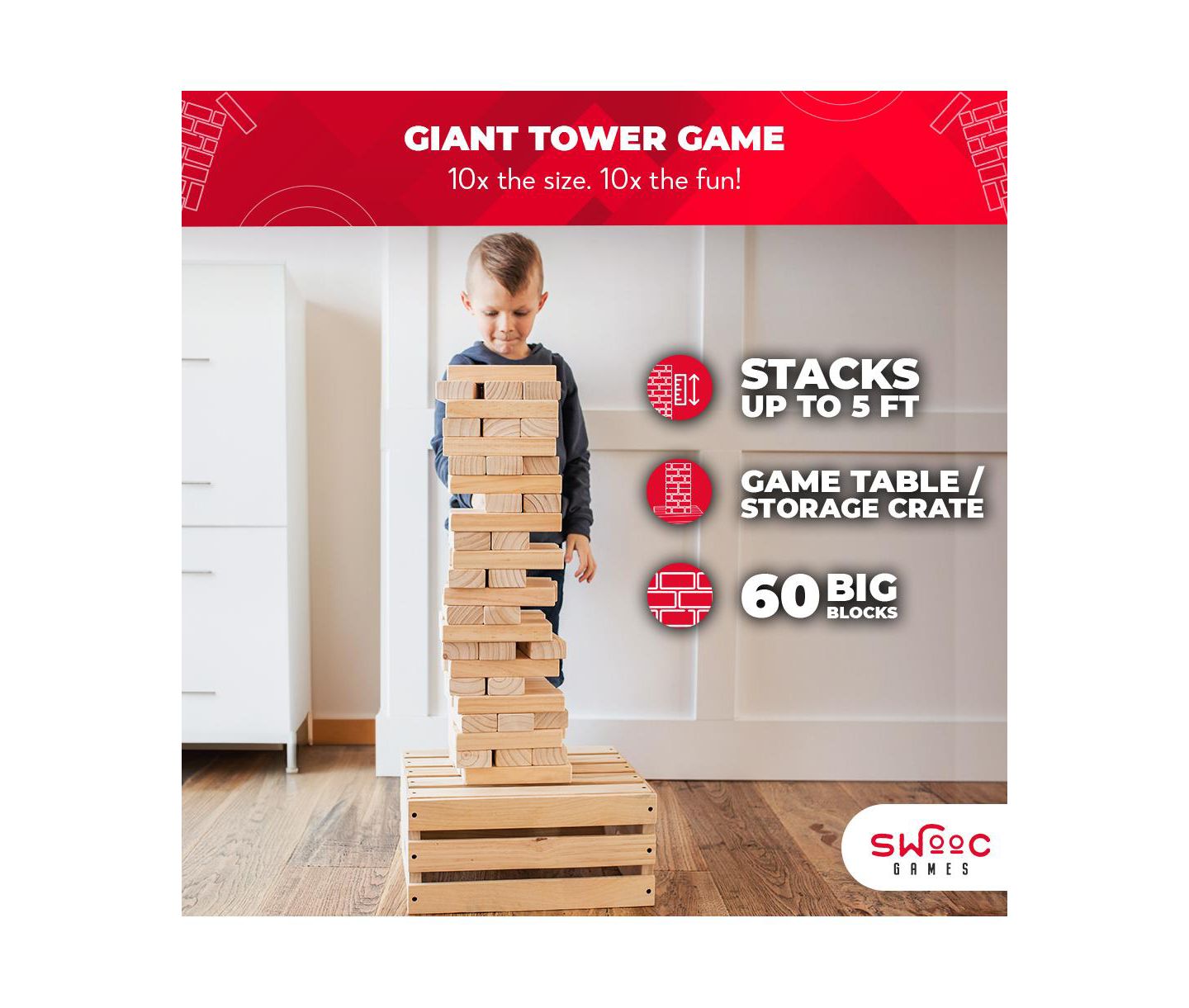 Детская игрушка SWOOC Giant Tower Game with Storage Crate, 60 Blocks, New Zealand Pine, Ages 5+ — фото 2