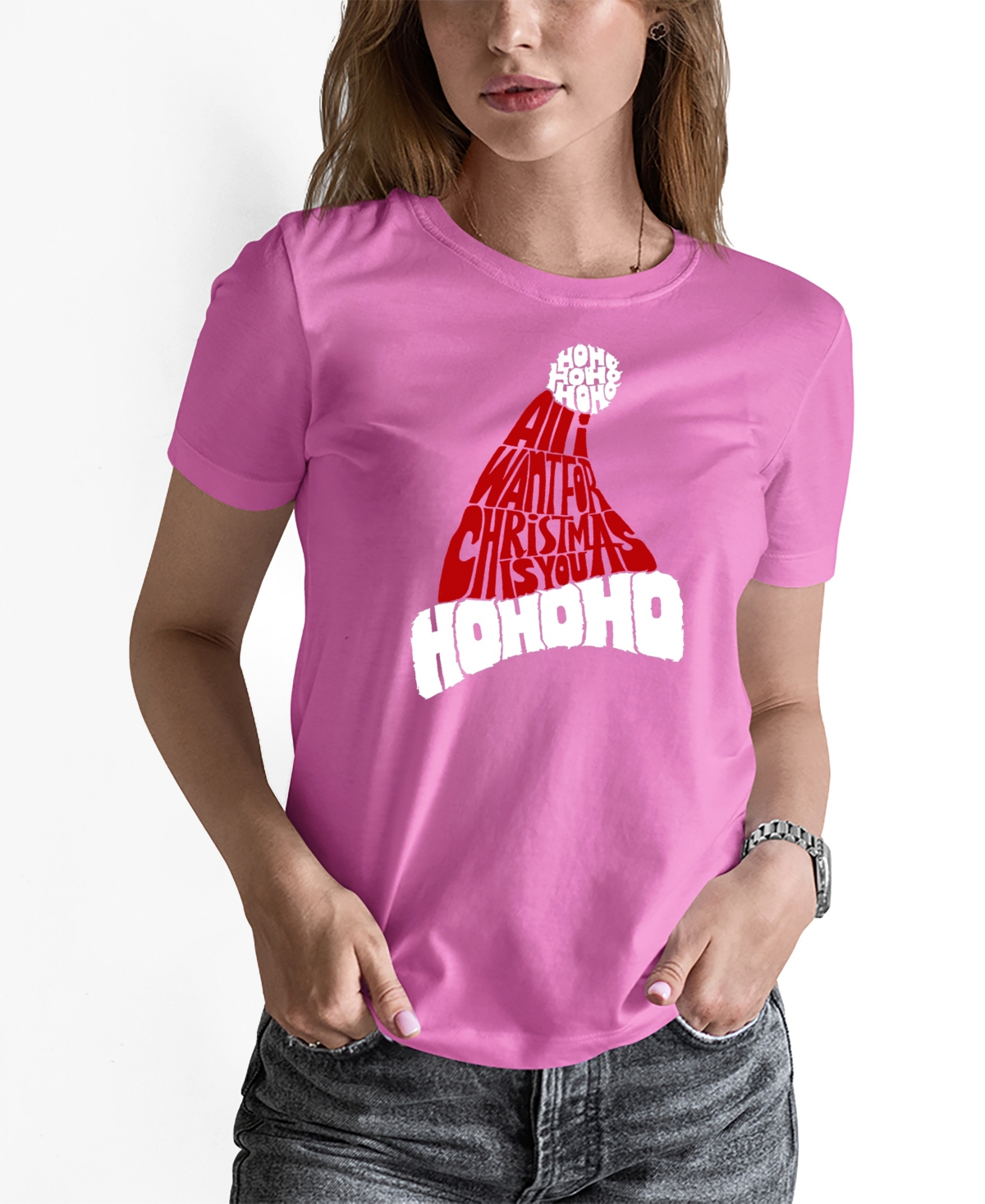 Shop La Pop Art Women's All I Want For Christmas Is You Word Art Crew Neck T-shirt In Pink