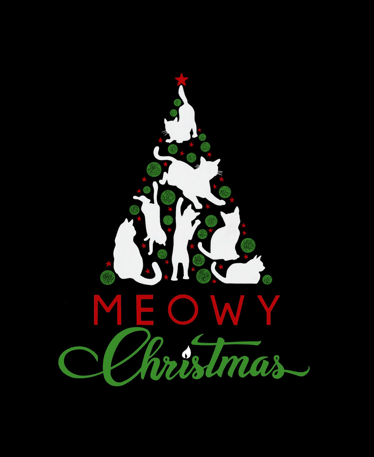 Women's Meowy Christmas Tree Word Art Crew Neck T-Shirt