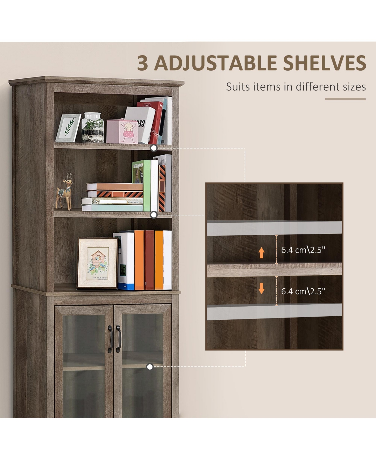 Homcom Bookcase Storage Hutch Cabinet w/ Adjustable Shelves, Glass Doors, Natural