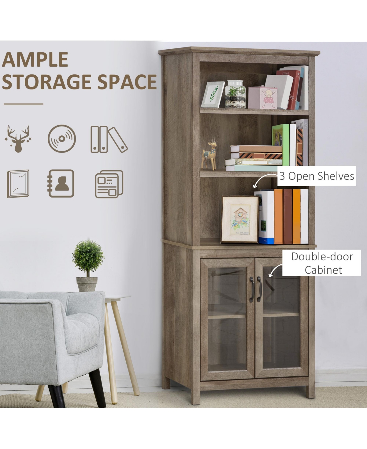 Homcom Bookcase Storage Hutch Cabinet w/ Adjustable Shelves, Glass Doors, Natural