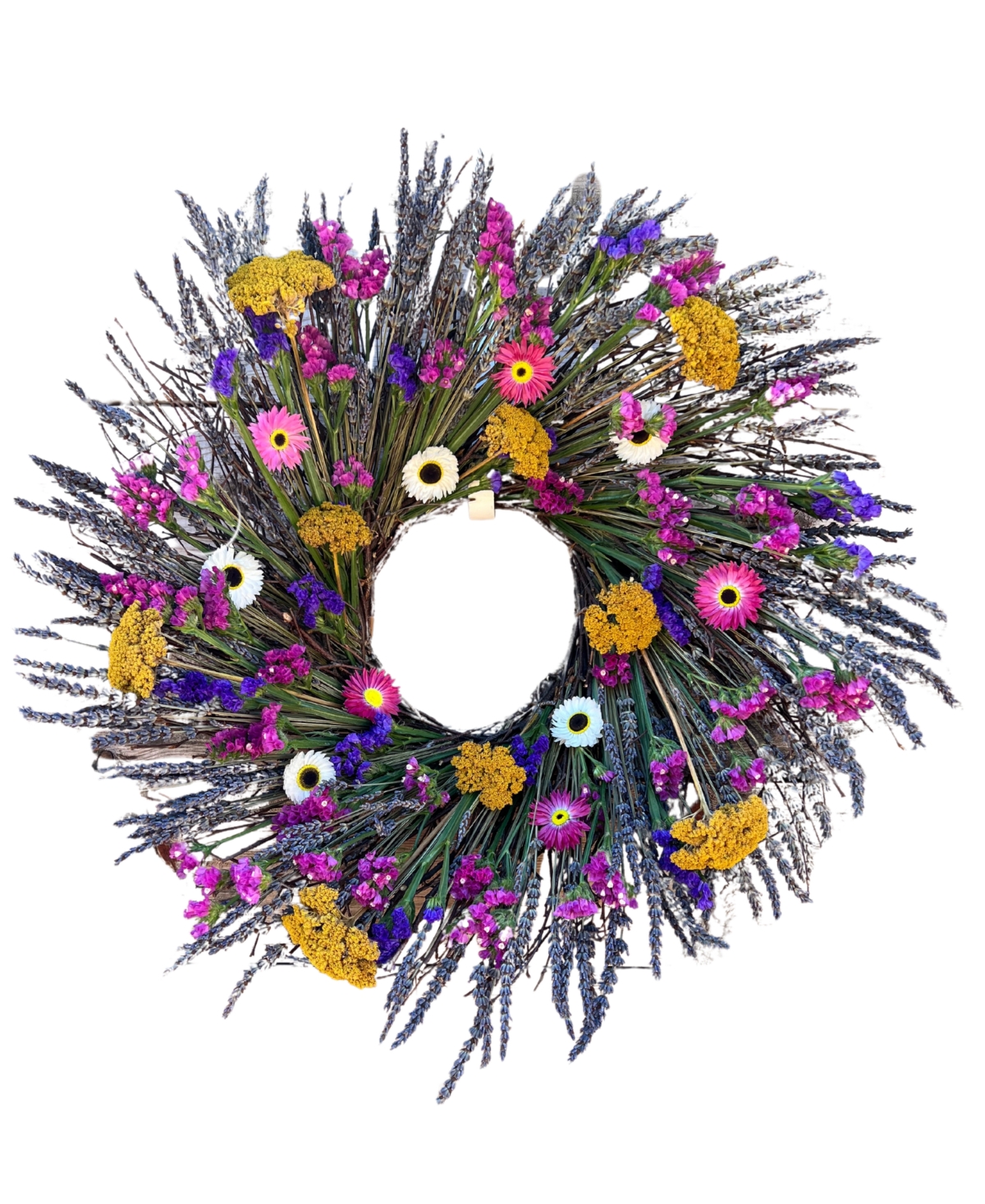 Real Preserved Wreath Long Lasting, Colorful Dried Paper Daisy, Yellow Yarrow and Dried Lavender, 22"