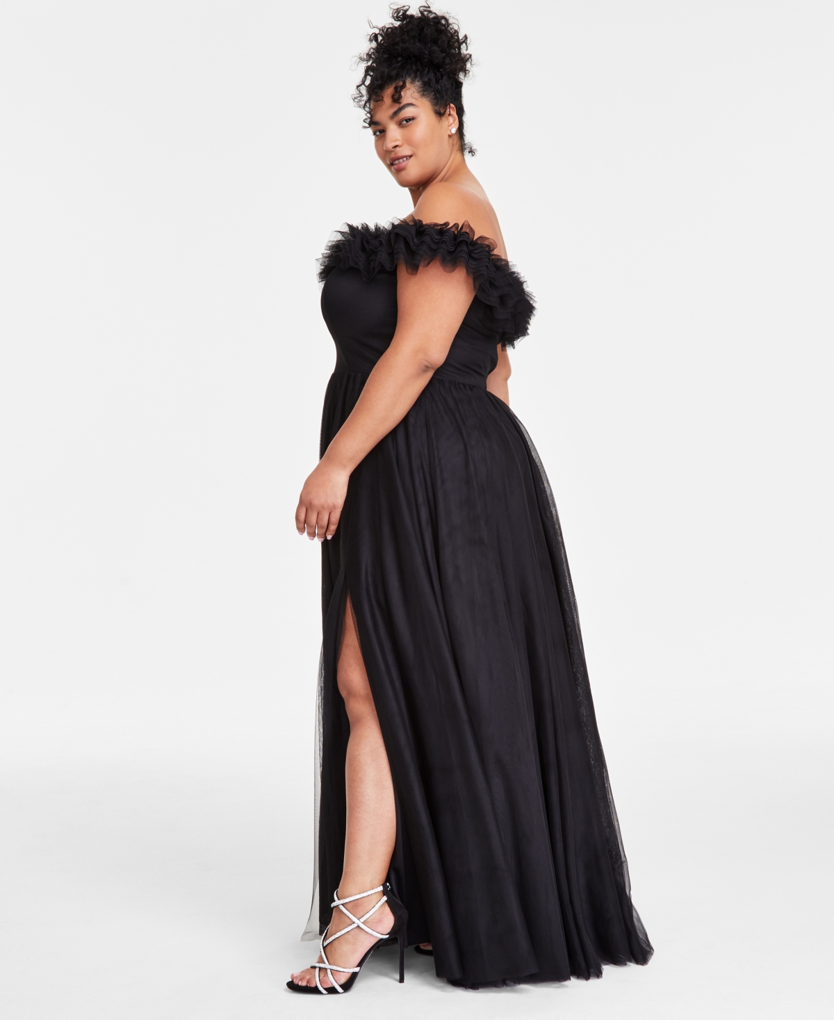 City Studios Trendy Plus Size Tulle-Trim Off-The-Shoulder Gown, Created for Macy's