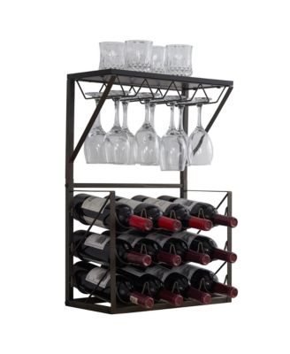 - 12 Bottles Countertop Wine Rack Stand with Glass Holder, Wine Storage Cabinet Shelf, Pewter/Marble