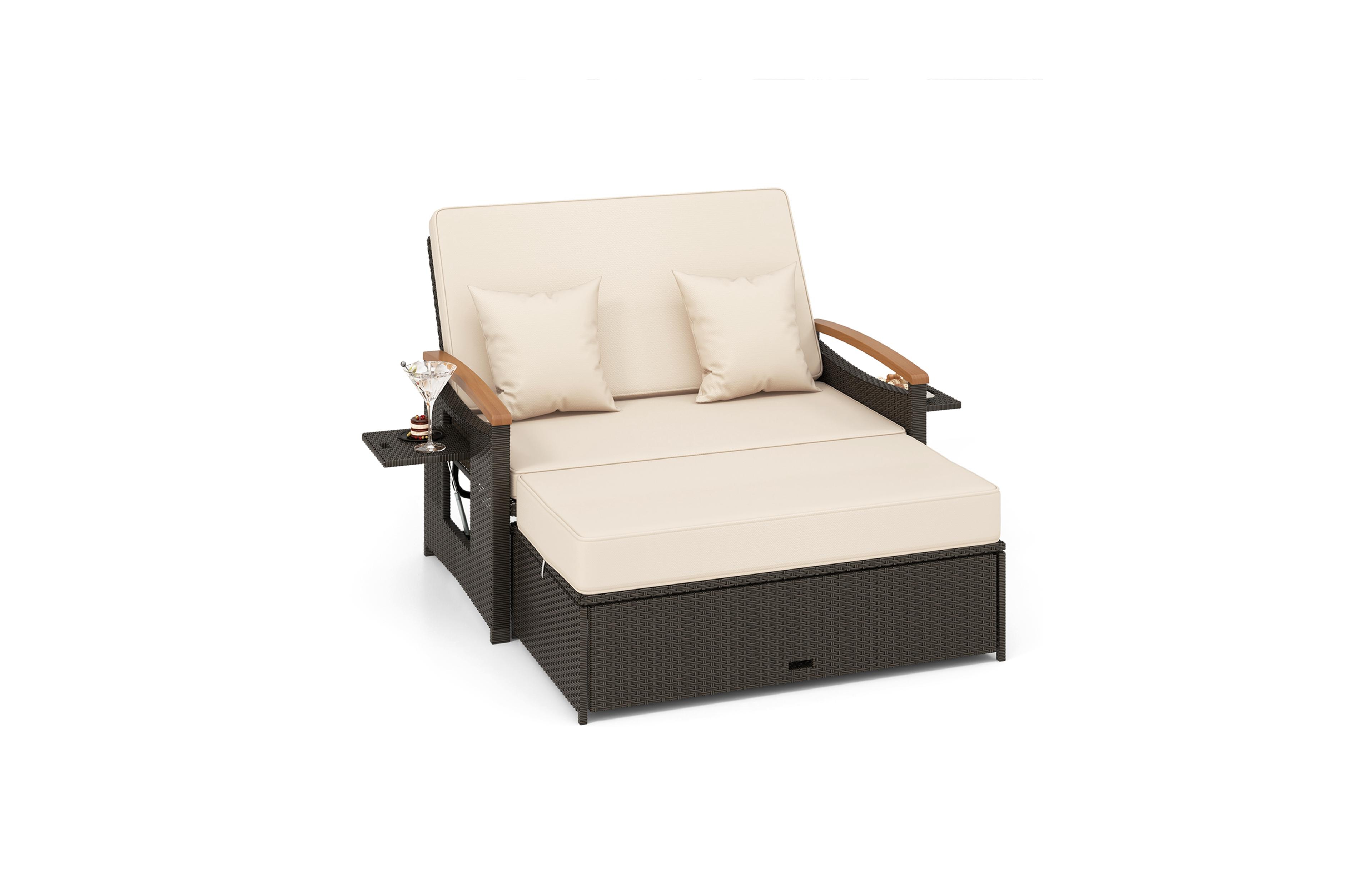 Patio Rattan Daybed Set with Cushioned Loveseat & Storage Ottoman for Porch