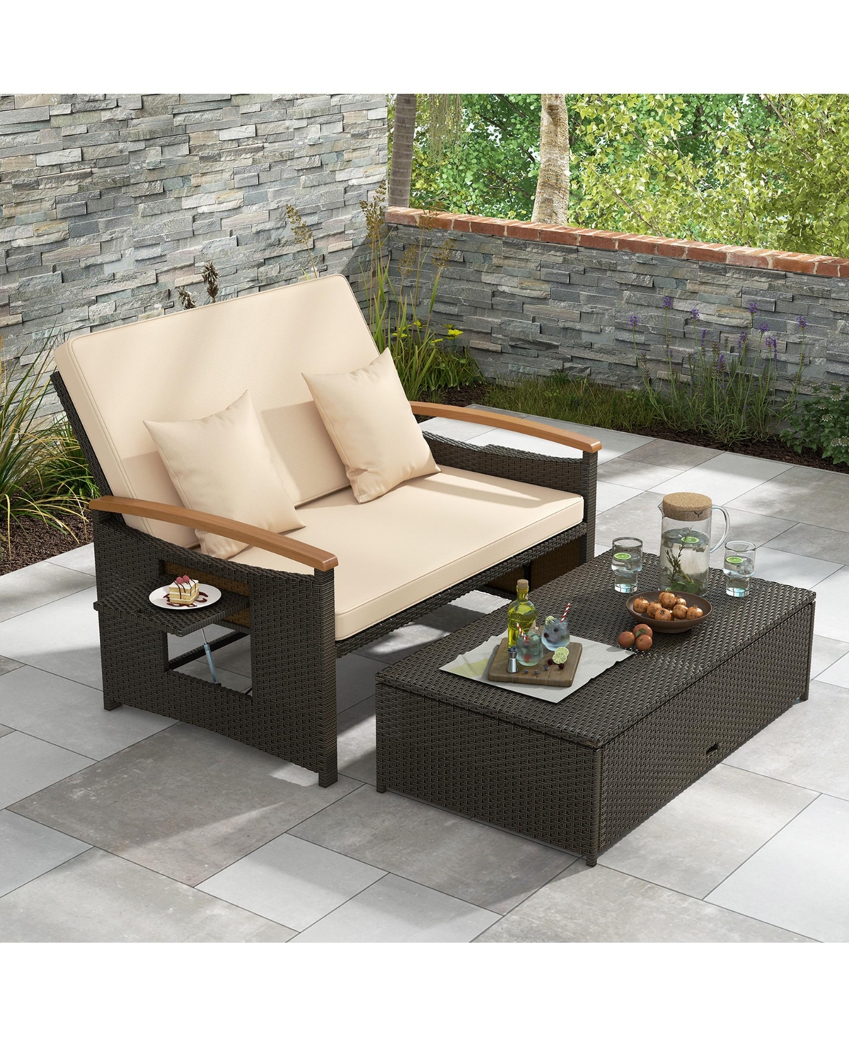 Patio Rattan Daybed Set with Cushioned Loveseat & Storage Ottoman for Porch
