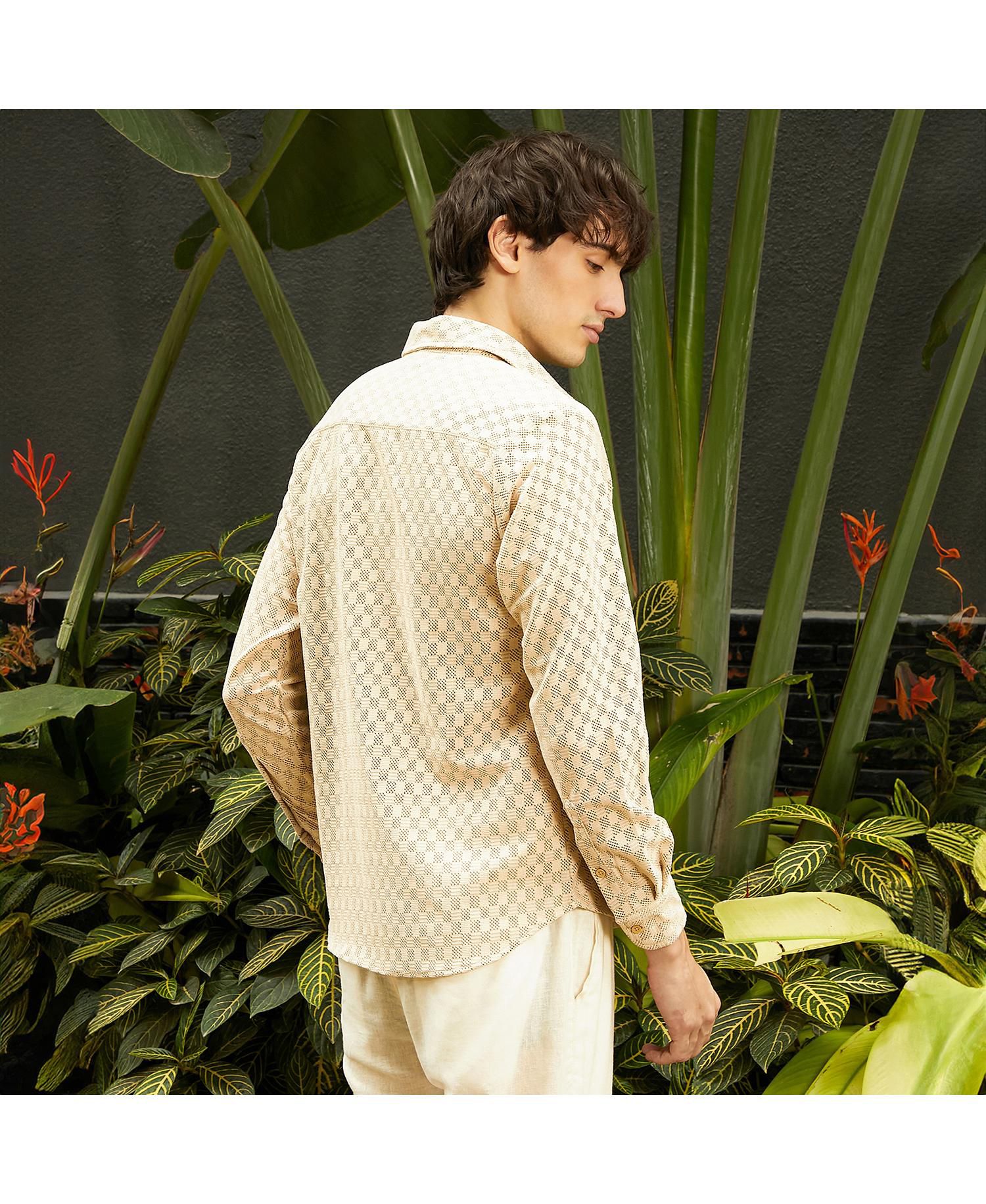 Men's Saltbox Beige Checkered-Textured Shirt
