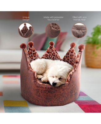Dream Black Label Leopard Print Crown Dog Bed - Washable Round Cat Bed, Elegant Royal Design Indoor Cuddler Pet Beds for Puppy and Kitten