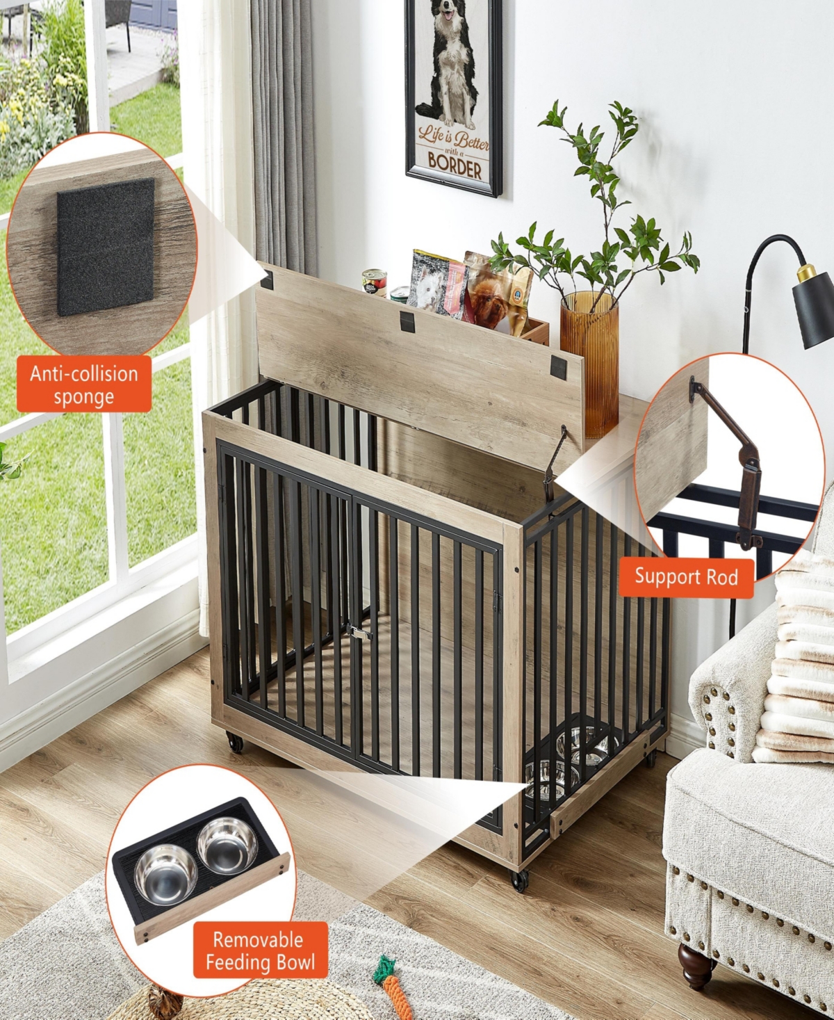 Slickblue Furniture Style Dog Crate Side Table with Integrated Feeding Bowl; Elegant and Practical