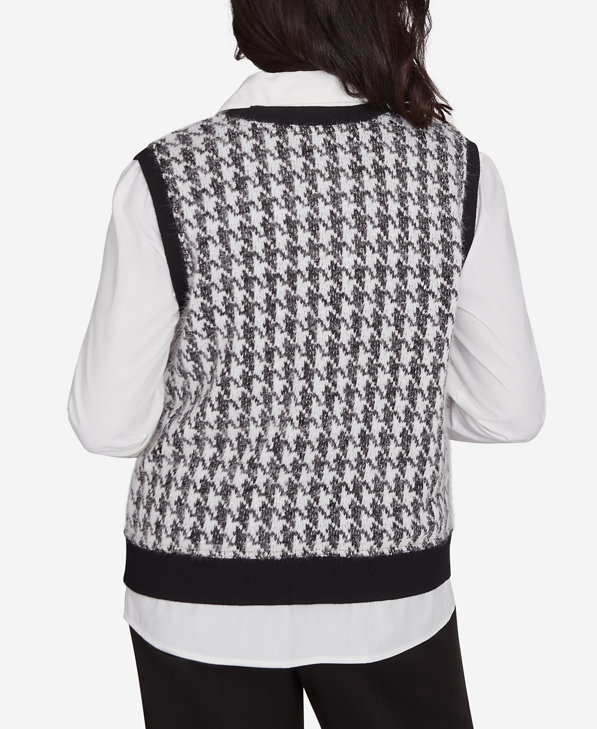 Alfred Dunner Petite Runway Ready Collared Houndstooth Vest Two in One Sweater