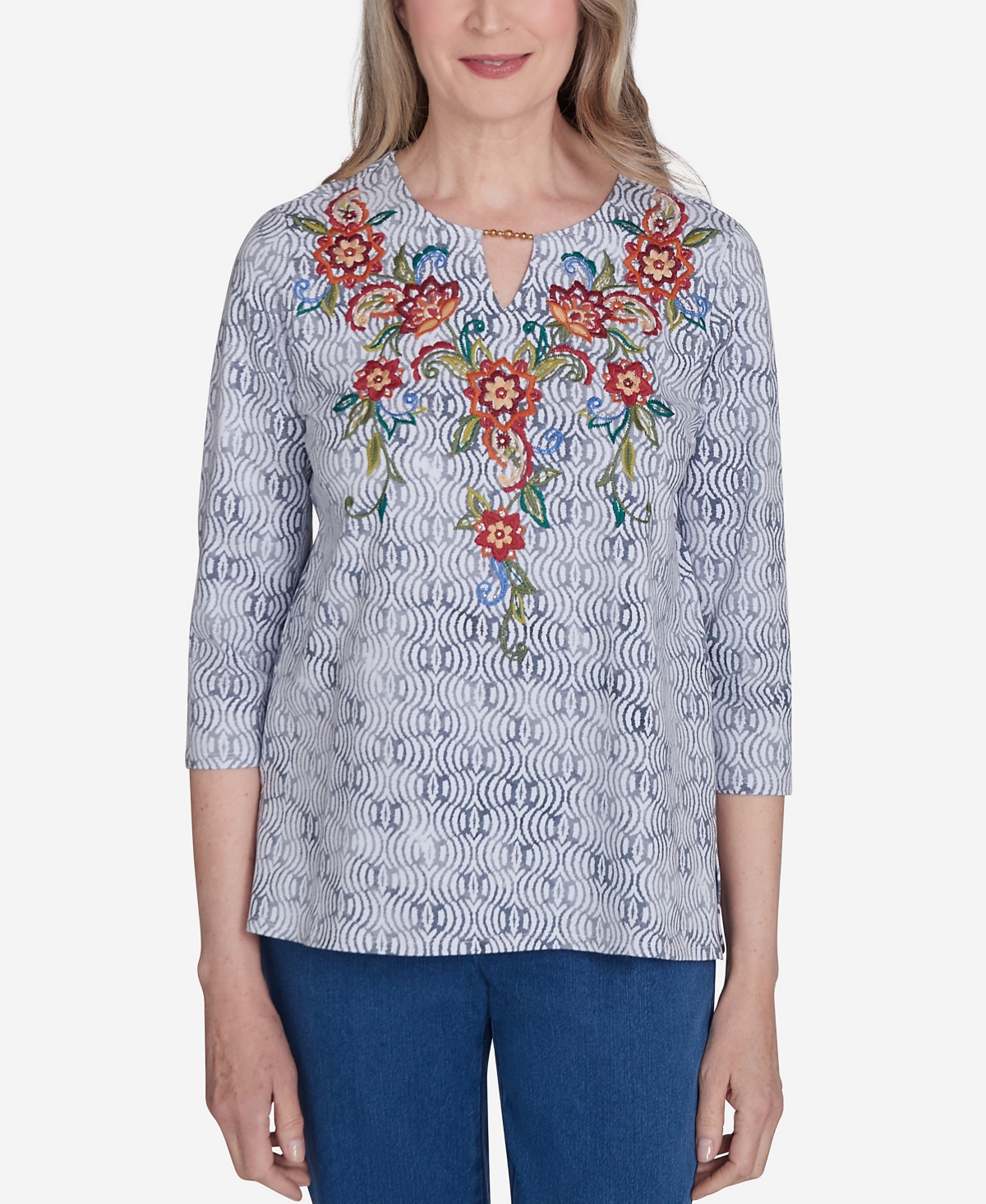 Alfred Dunner Harvest Moon Women's Textured Floral Embroidered Split Neck Top In Grey