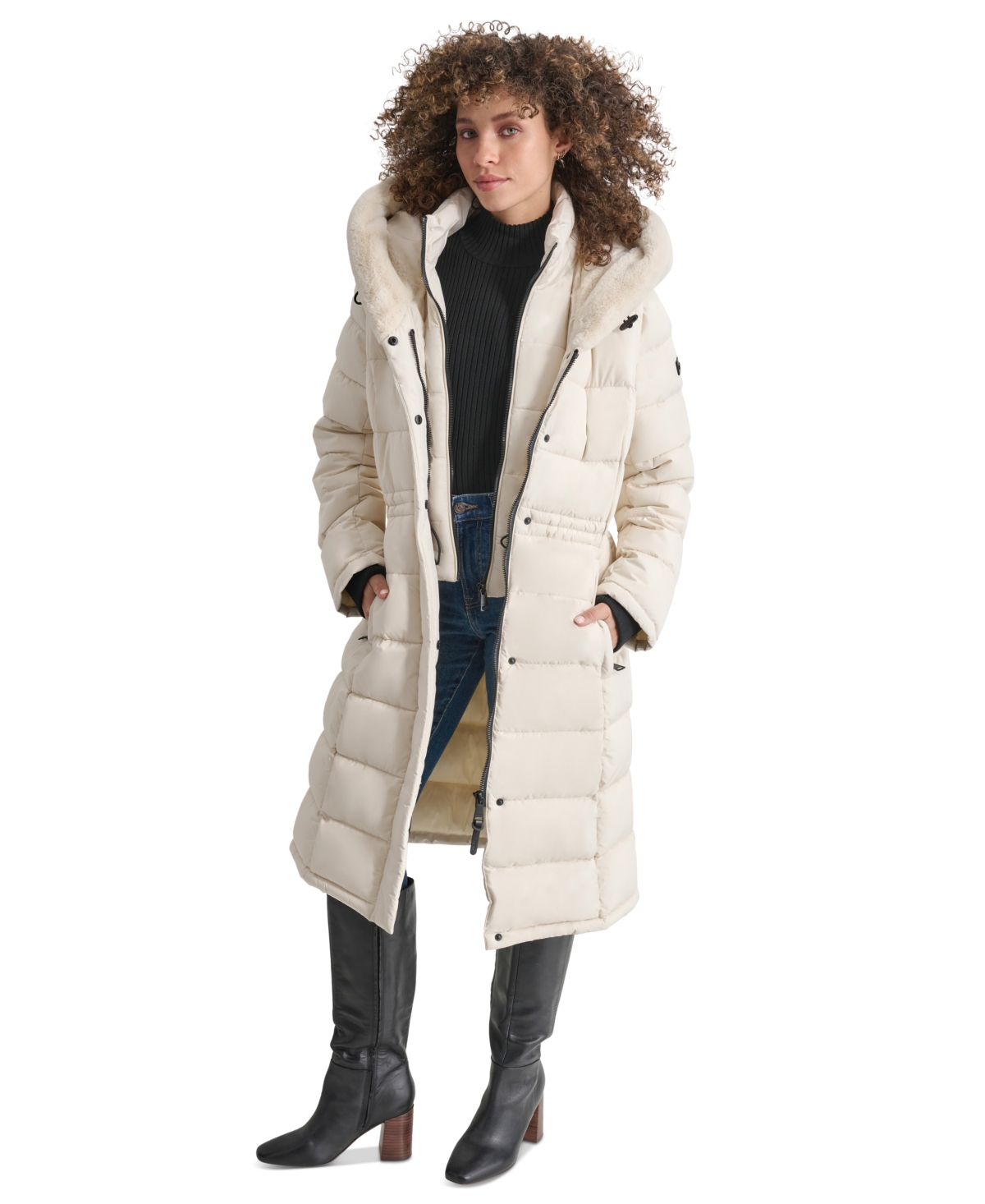 Women's Faux-Fur-Trim Hooded Bibbed Puffer Coat - Black
