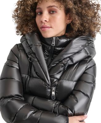 Women's Bibbed Shawl-Collar Packable Shine Puffer Coat