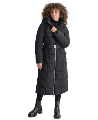 Womens Maxi Belted Hooded Puffer Coat