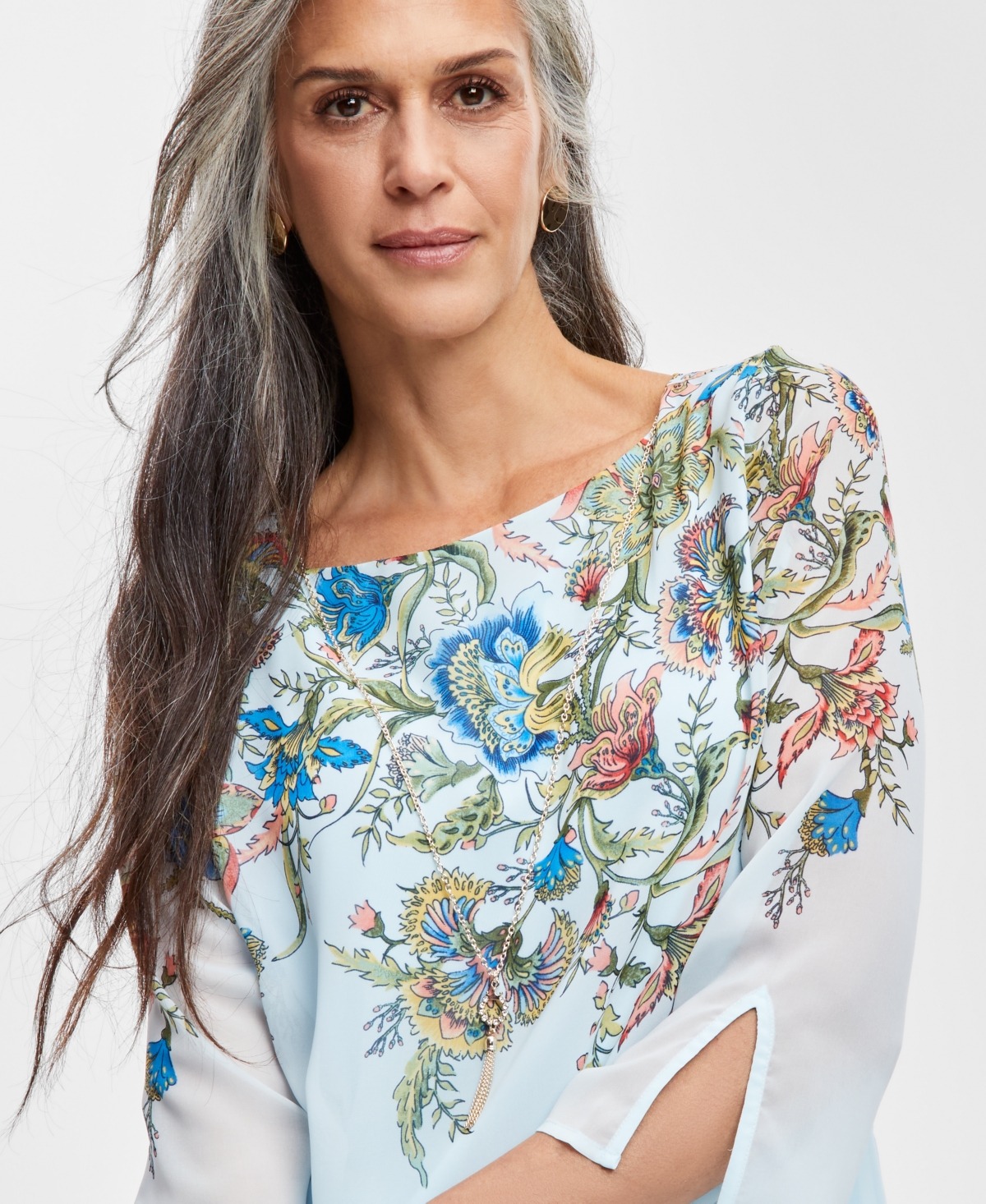 Jm Collection Women's Printed Split Sleeve Necklace Top, Created for Macy's