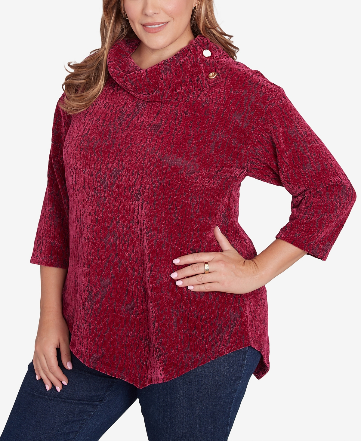 Ruby Rd. Plus Size Split Cowl Neck Chenille Jacquard Knit Top