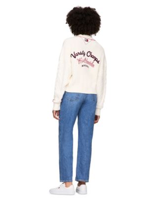 Tommy Jeans Womens Prep Cotton Varsity Embroidered Cable-Knit Cardigan Cropped Varsity T-Shirt - High-Rise Straight-Leg Jeans 10290₽