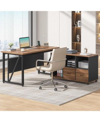 55-Inch Executive Computer Desk with 43-Inch Lateral File Cabinet, Large Workstation Business Furniture, L Shaped Desk with Drawers and Storage Shelves for Home Office