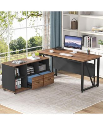 55-Inch Executive Computer Desk with 43-Inch Lateral File Cabinet, Large Workstation Business Furniture, L Shaped Desk with Drawers and Storage Shelves for Home Office