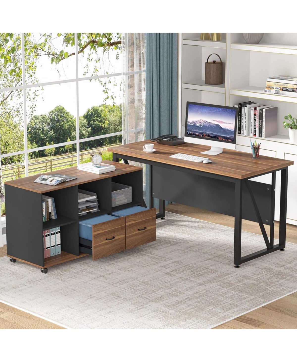 Tribesigns 55-Inch Executive Computer Desk with 43-Inch Lateral File Cabinet, Large Workstation Business Furniture, Shaped Desk with Drawers and Sto