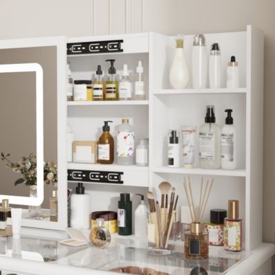White Wood Makeup Vanity Set Dressing Desk with Glass Top