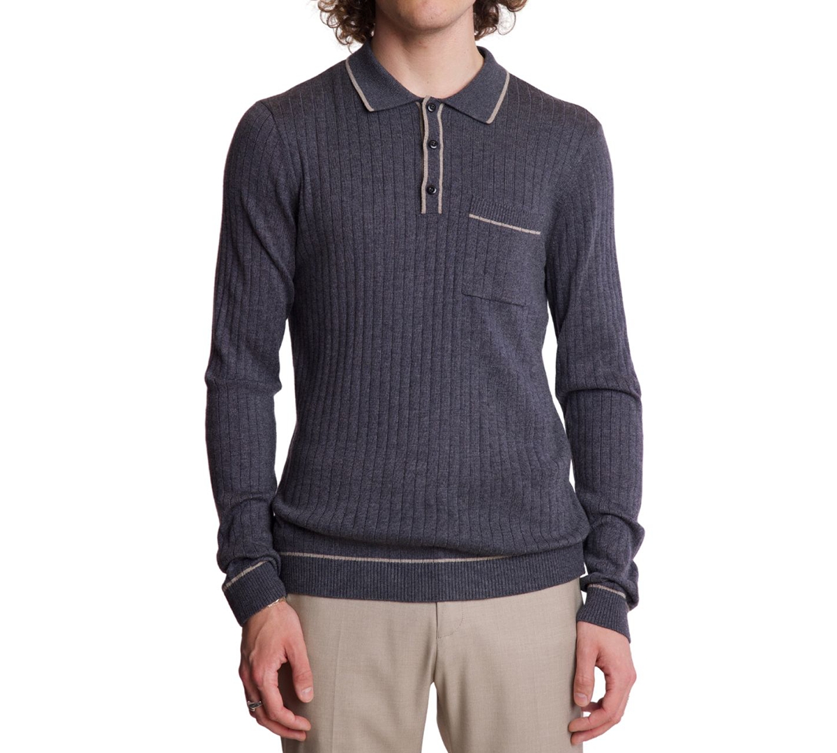 Men's Slim Fit Long Sleeve Tipped Polo Sweater - Charcoal