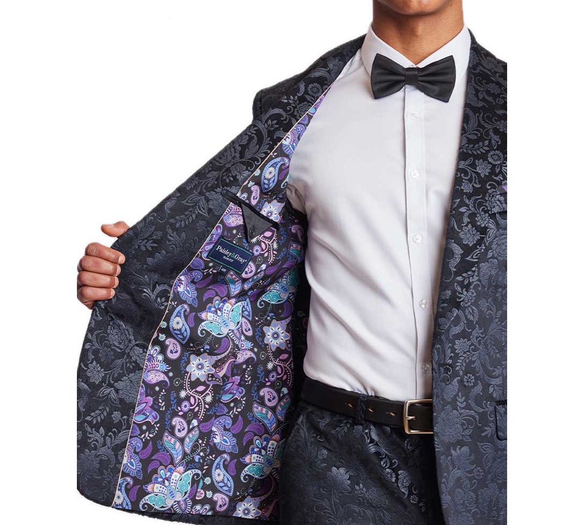 Paisley & Gray Men's Regent Slim FitTuxedo Jacket - Black Floral Velvet