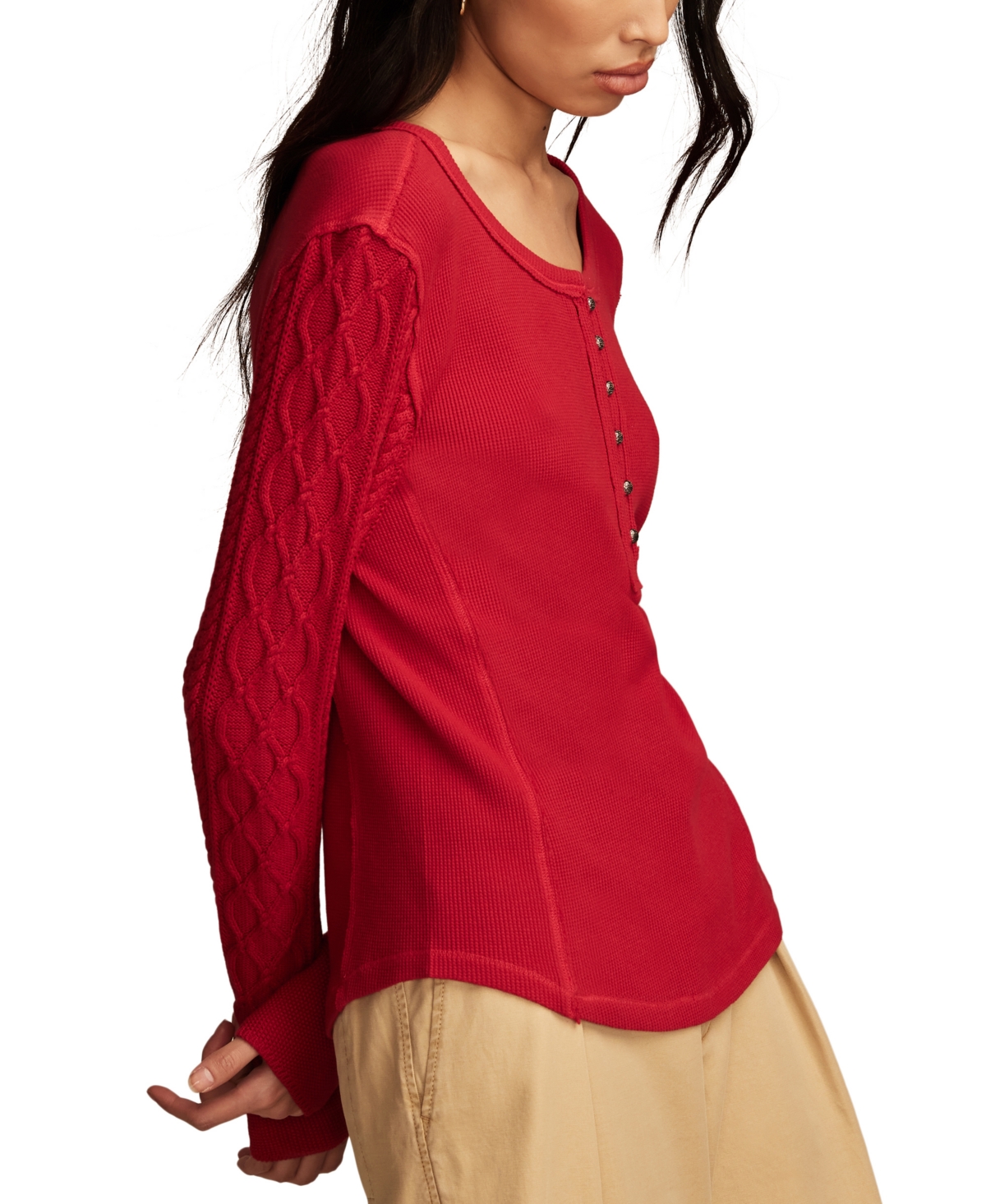 Shop Lucky Brand Women's Cotton Textured Mixed-sleeve Henley Top In Jester Red
