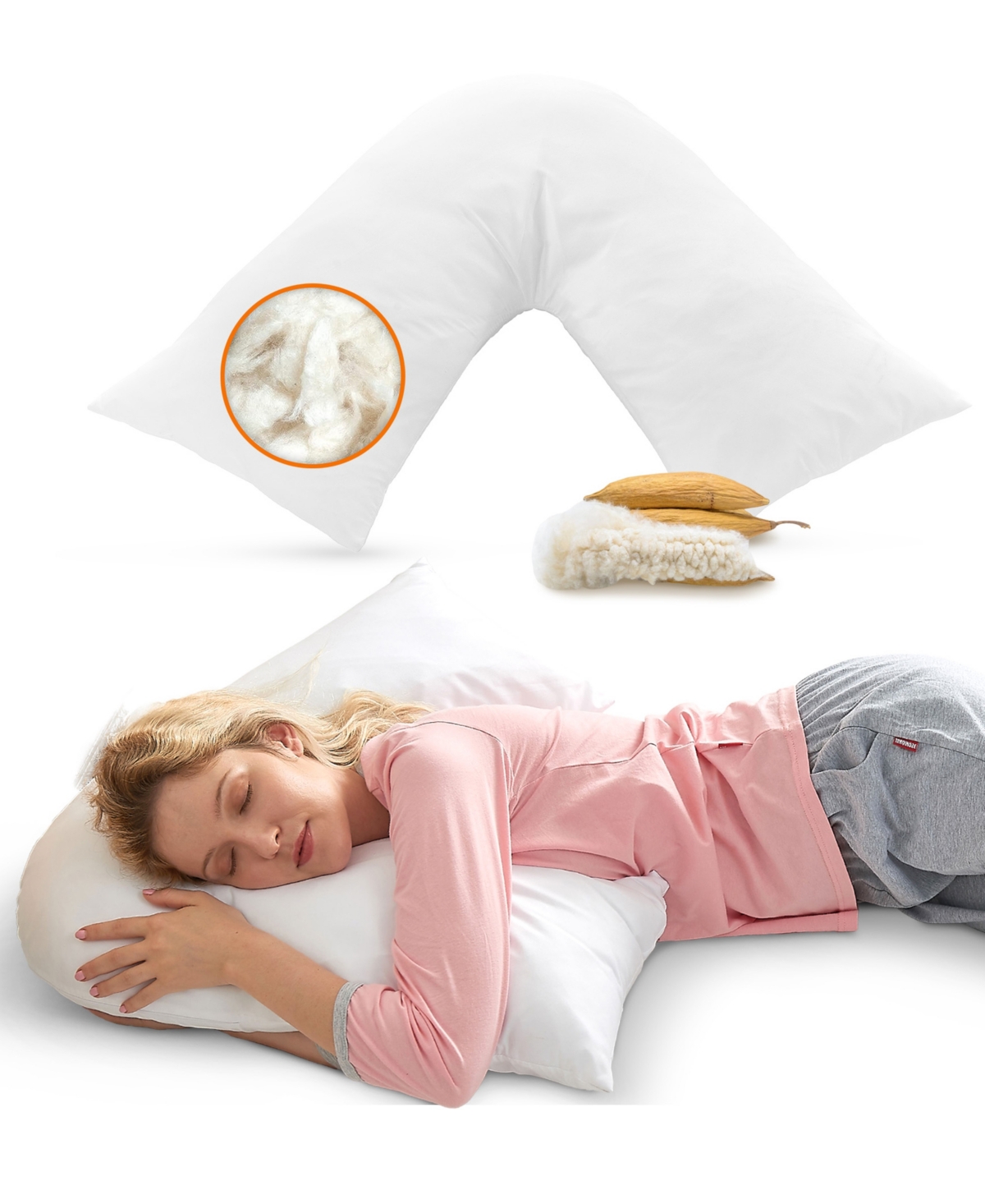 Cheer Collection Natural Kapok V Shape Pillow, 28" X 14" In White