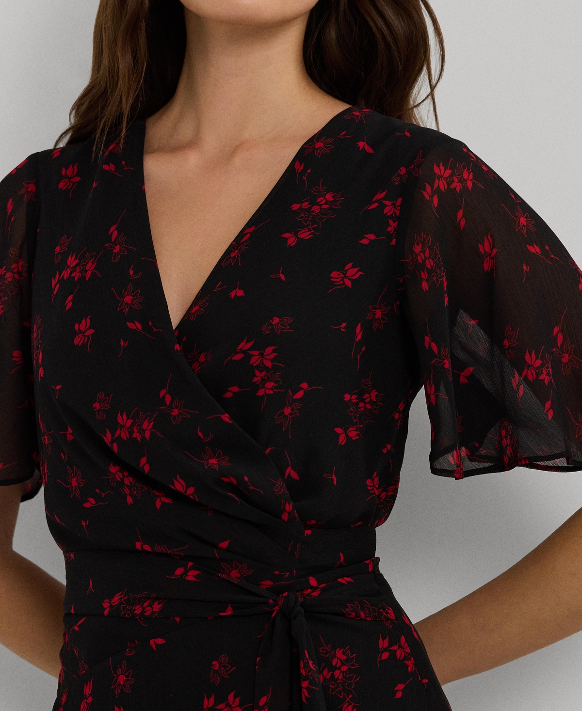 Lauren Ralph Lauren Women's Floral Belted Crinkle Georgette Dress -red