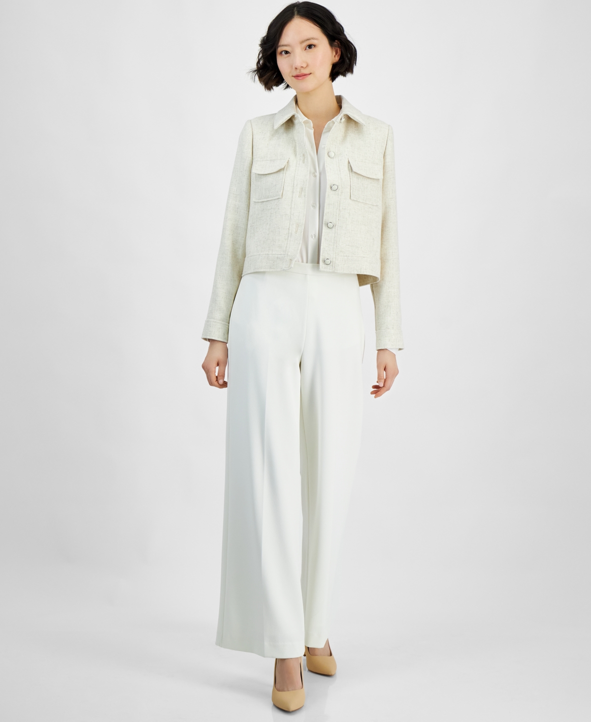 Tahari Asl Women's Cropped Button-front Tweed Jacket In Ecru