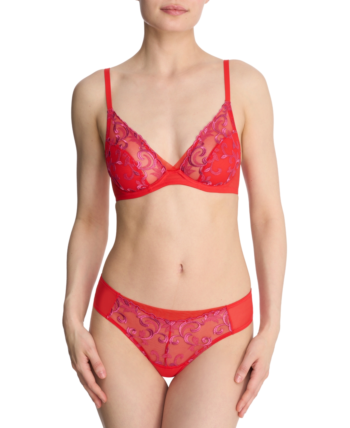 Natori Embroidered Mesh Thong In Neon Red,raspberry Glaze