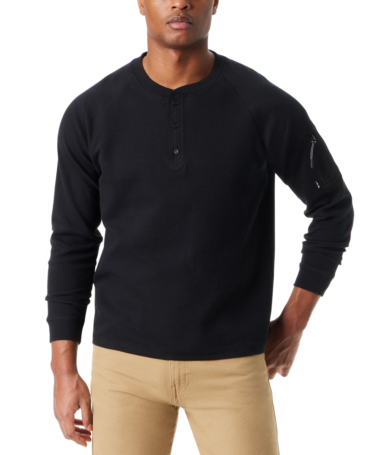 Men's Relaxed Fit Performance Thermal Long Sleeve Henley - Black Beau