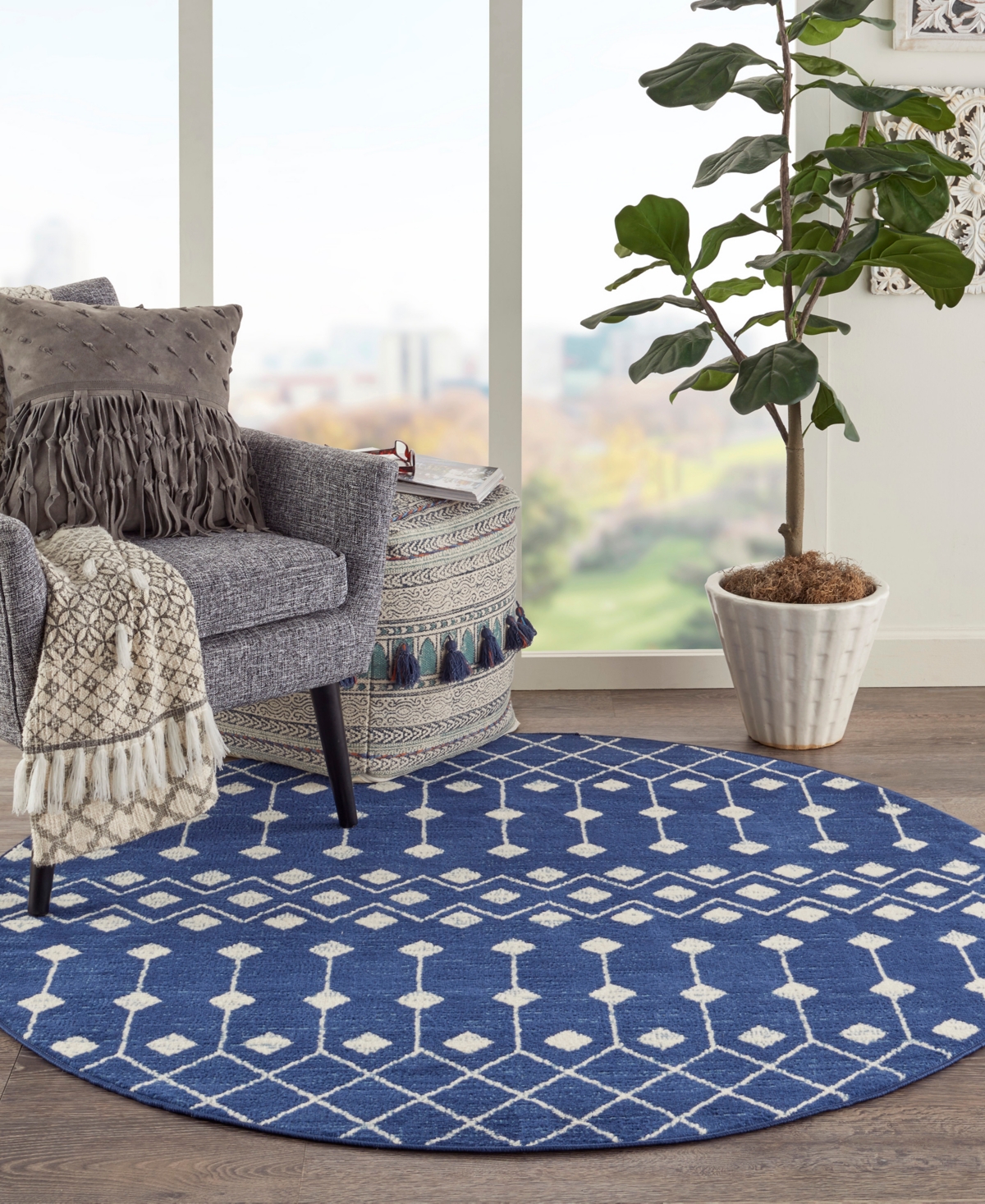 Nourison Home Grafix Grf37 5'3"x5'3" Round Area Rug In Navy
