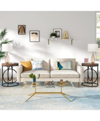 Modern Round End Table Set of Two with Thick Wood Top, 20”Sofa Side Table Coffee Table with Unique Black O-Shaped Base, Midcentury Accent Table Nightstand for Living Room Bedroom