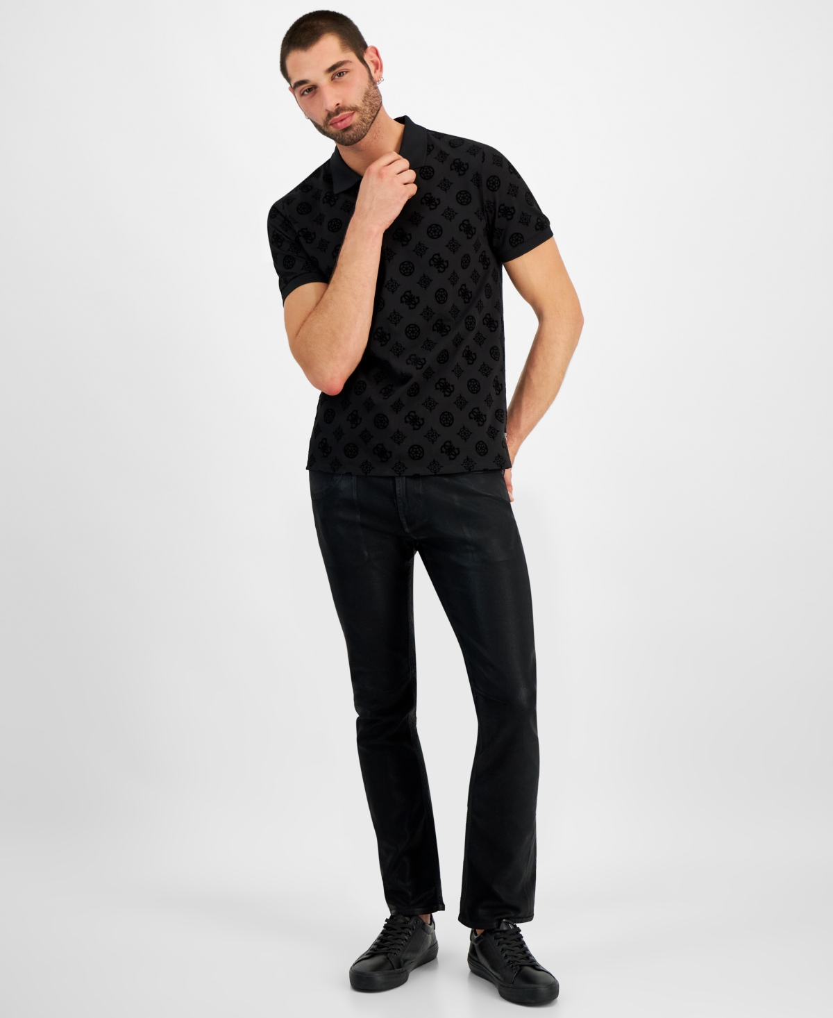 Guess Men's Relaxed-Fit Flocked Peony Logo Polo Shirt - Jet Black A996